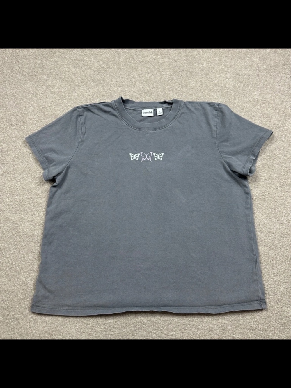 Sun-Deh T Shirt Womens' Size L Gray Short Sleeve Cropped Casual Boxy Casual